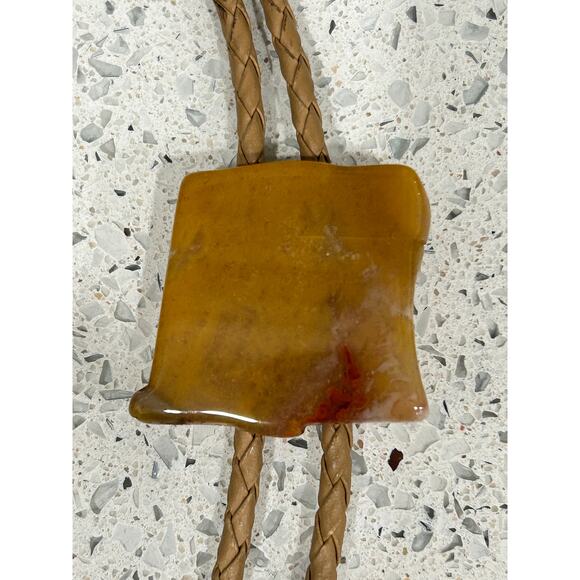 Vtg BOLO Neck Tie-Polished Topaz Color Stone-Cream Braided Leather/Silver Tips - Picture 1 of 6